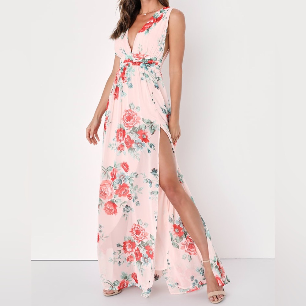 Lulus Garden Meandering Blush Floral Print Maxi Dress
